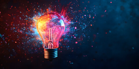 Exploding light bulb with vibrant colors and dynamic particles in dark background