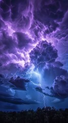 Dramatic purple thunderstorm clouds with lightning over trees