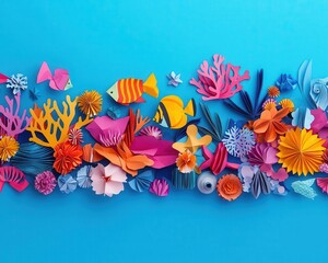 Vibrant origami reef teeming with tiny paper sea creatures, cozy and full of life