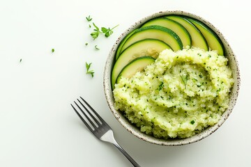  Green vegetable mash in bowl with sliced zucchini, fork beside, fresh herbs sprinkled for light and healthy vegetarian meal