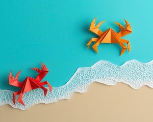 Cute origami crabs waving from a sandy beach as the warm ocean waves gently roll in