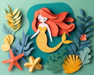 Cute origami mermaid with flowing paper hair, surrounded by vibrant ocean creatures in a cozy setting