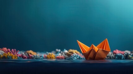 Colorful origami shrimp crawling over a coral reef, cozy and glowing with underwater warmth