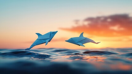 Cozy ocean sunset scene with origami sailboats and playful folded dolphins jumping in the waves