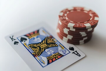  Playing cards with stacked red poker chips, king of spades featured in sharp detail, gambling and strategy vibe in focus