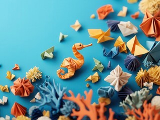 Playful origami seahorses floating among vibrant coral reefs, creating a whimsical and cozy scene