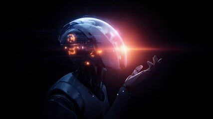 Futuristic humanoid robot examining its own hand in a dark, high-tech environment with glowing elements