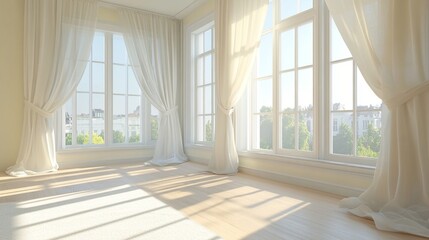 Fototapeta premium Bright and inviting empty room featuring large windows draped with white sheer curtains, allowing soft natural light to flood the space, perfect for interior design concepts.