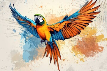  Colorful parrot mid-flight with wide wings, vivid blue and orange feathers set against artistic paint-splash style background