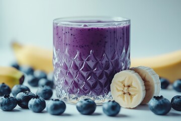  Blueberry banana smoothie in textured glass, ripe fruits scattered around drink, vibrant purple color suggests health and flavor
