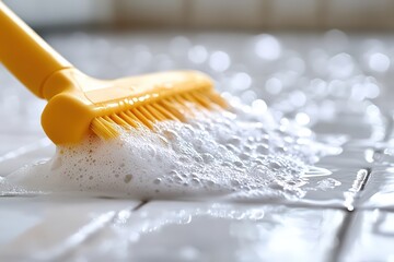  Yellow brush scrubbing soapy tile floor, thick foam and shiny surface highlight cleaning in household hygiene routine