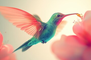  Hummingbird feeding from pink flower, emerald green feathers glowing, wings frozen mid-air with dreamy pastel background