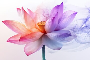  Colorful lotus flower with smooth gradient petals, pink, purple, orange shades blend into soft background like watercolor art