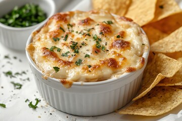  Baked cheese dip in white ramekin, golden top sprinkled with herbs, surrounded by crispy tortilla chips and fresh parsley
