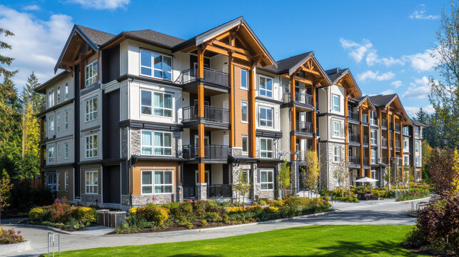 A modern apartment building with balconies and greenery in a suburban setting.