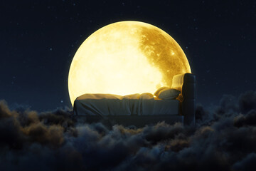 Cozy bed over fluffy clouds at night, lit by the full moon. 3D Rendering