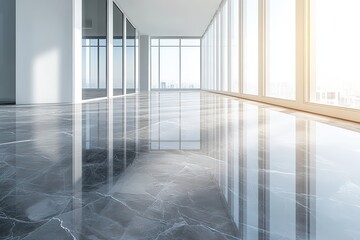  Glossy dark marble tiles in empty office hallway, sunlight pours through large windows, sleek and modern architectural space