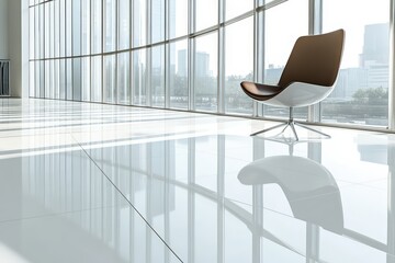  Modern office with white tiled floor, single designer chair and tall glass windows reflecting sleek cityscape in daylight