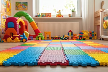  Colorful foam floor tiles in kids' playroom, toys and bright furniture around soft interlocking mats create safe playful space