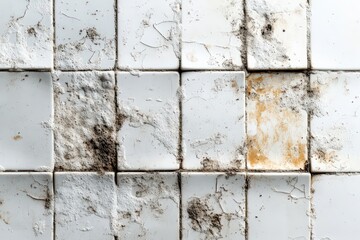  Close-up of extremely dirty white tiles, moldy and stained surface with cracked grout lines, showing severe structural neglect