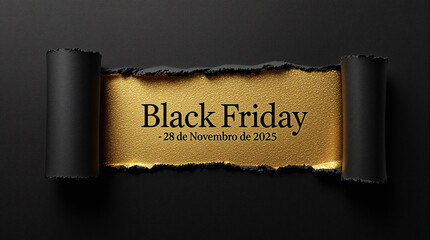 Anúncio sofisticado de Black Friday 2025 com texto em preto sobre fundo dourado brilhante, bordas rasgadas em preto e design elegante.