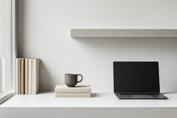  Minimal office desk with closed laptop, stacked books, coffee mug beside window, soft neutral tones suggest clean workspace design
