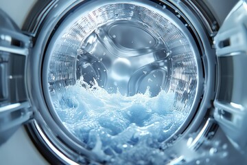  Washing machine interior with water splash, drum mid-cycle in motion, reflecting metallic finish and active detergent bubbles inside