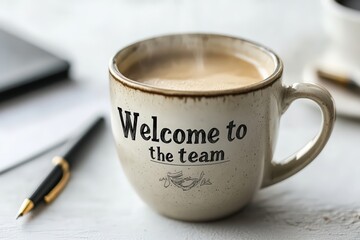  Coffee cup with team welcome message, warm espresso in ceramic mug beside pen, symbolizing job onboarding or office greeting