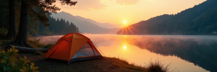 Golden hour, lakeside serenity, misty view, camping gear , calm, serene, idyllic