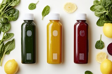  Juice bottles with lemon, spinach, beet, top view of three detox beverages with fresh ingredients arranged on white background