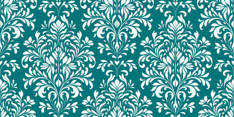 Teal and White Damask Floral Pattern, clothes fabric background design, seamless floral elegant damask pattern, featuring swirling, Ceramic floral tiles vector design, wall art decoration.
