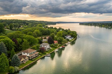 Obraz premium Waterfront homes along a lake, aerial view