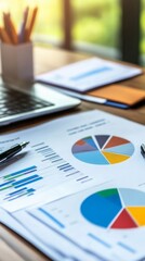Detailed financial data analysis with vibrant pie charts and graphs displayed on papers, accompanied by a laptop and stationery on a wooden desk, showcasing productivity.