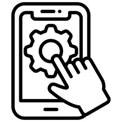 Interactive Practice Outline Style Icon - Gear and hand on smartphone shows interactive mobile learning or skill simulation for trainees
