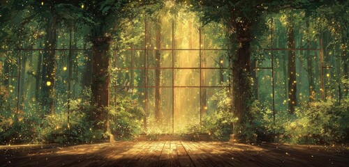 Obraz premium Sunlit forest scene viewed through a large window from a wooden interior floor. Glowing particles drift in the air