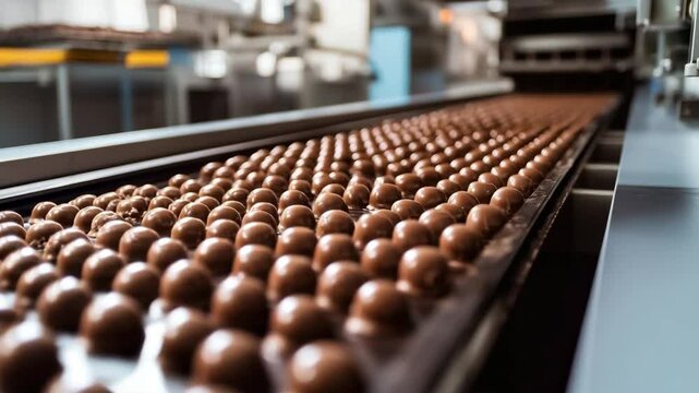 Chocolate candies moving on conveyor belt in a modern confectionery factory