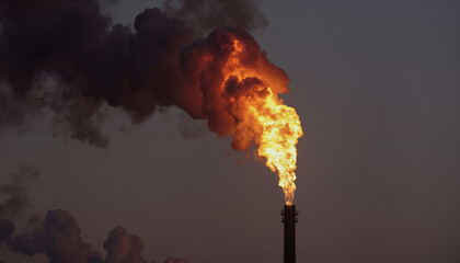A dramatic scene unfolds as a factory chimney erupts in flames, billowing thick black smoke into the sky, highlighting the stark contrast between industrial activity and environmental impact