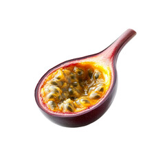 Close-up of a halved passion fruit revealing its vibrant seeds and pulp