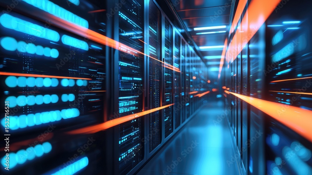 Poster Futuristic data center interior with illuminated blue server racks and orange light streams showing digital data movement, cloud systems, and high-speed network operations