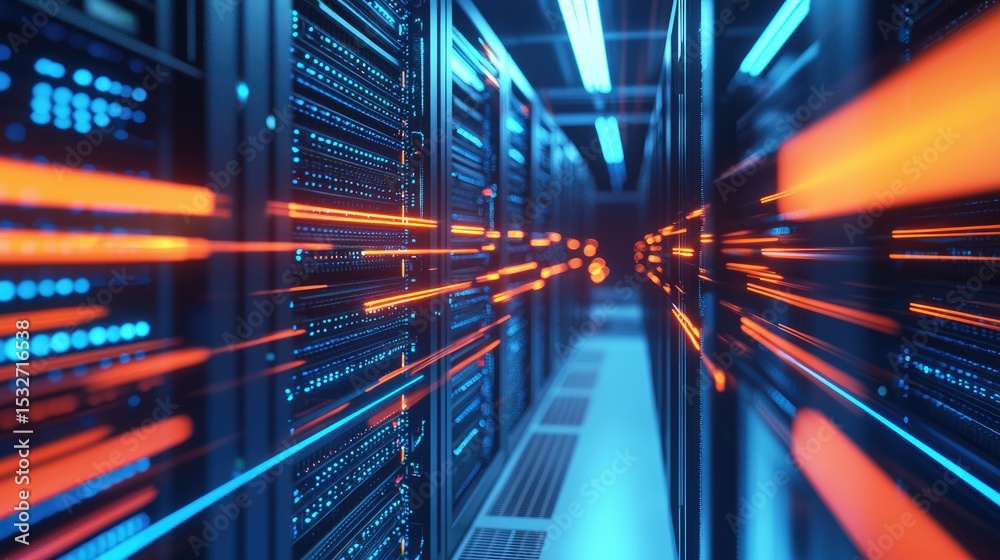 Poster digital server room with glowing blue racks and bright orange data streams showing rapid network tra