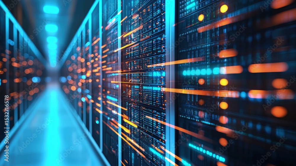 Poster Futuristic data center corridor with glowing blue racks and high-speed orange light trails representing fast data transmission and modern cloud computing infrastructure