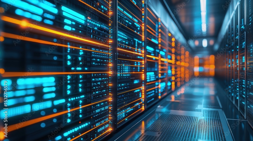 Aufkleber 3D rendering of a futuristic data center with glowing blue and orange lights representing cloud technology, secure data transmission, and digital infrastructure systems