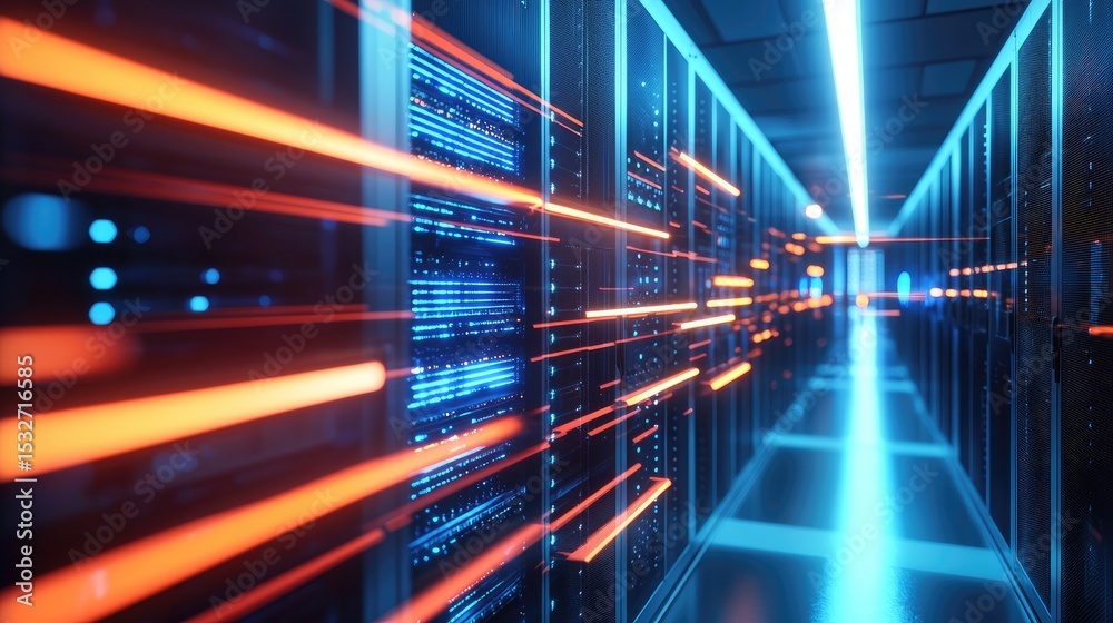 Aufkleber Glowing futuristic data center hallway with bright blue racks and dynamic orange data streams symbolizing cloud storage, fast connectivity, and high-performance networking
