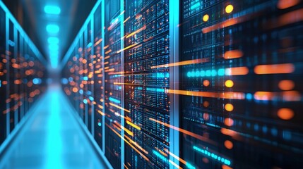 Futuristic data center corridor with glowing blue racks and high-speed orange light trails representing fast data transmission and modern cloud computing infrastructure