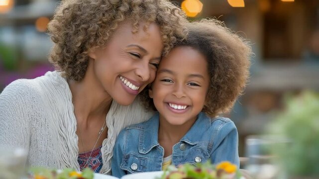 Joyful outdoor meal between mother and daughter celebrating their bond
