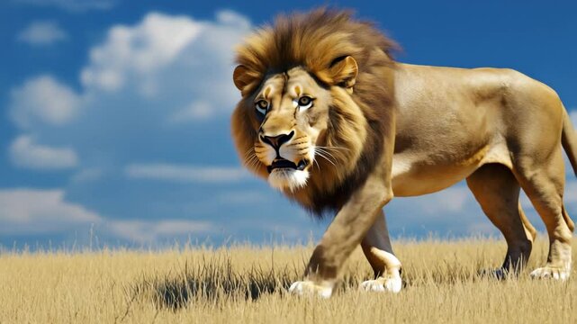 Roaring Lion Walking Through African Savannah