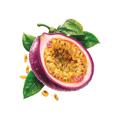 Juicy Passion Fruit Halved with Seeds and Leaves