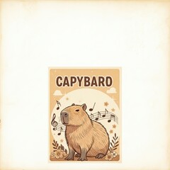 A whimsical music and nature themed template featuring an illustrated capybara, with a blank frame for text on textured paper
