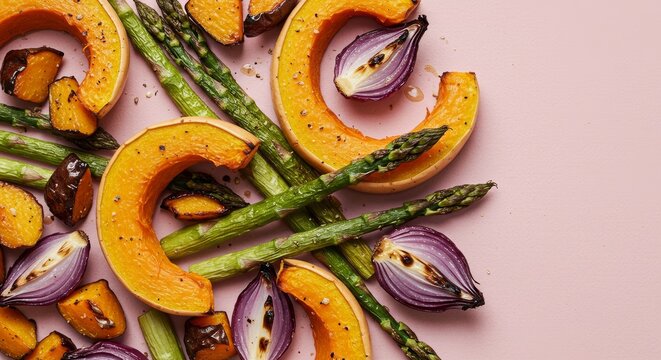 Colorful Roasted Vegetable Medley Displayed on a Pink Backdrop with Empty Space - Powered by Adobe