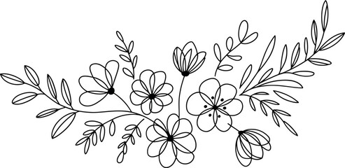 Outline drawing of flowers and leaves vector art illustration.